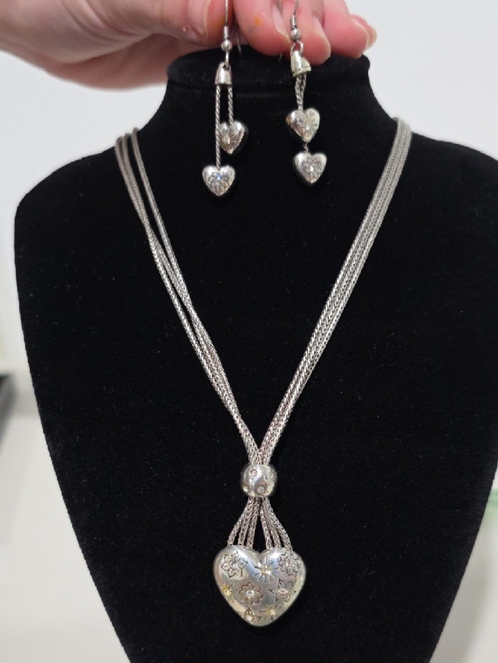 Brighton Silver Floral Heart Slider Multi-Strand Necklace w/Dangle Earrings